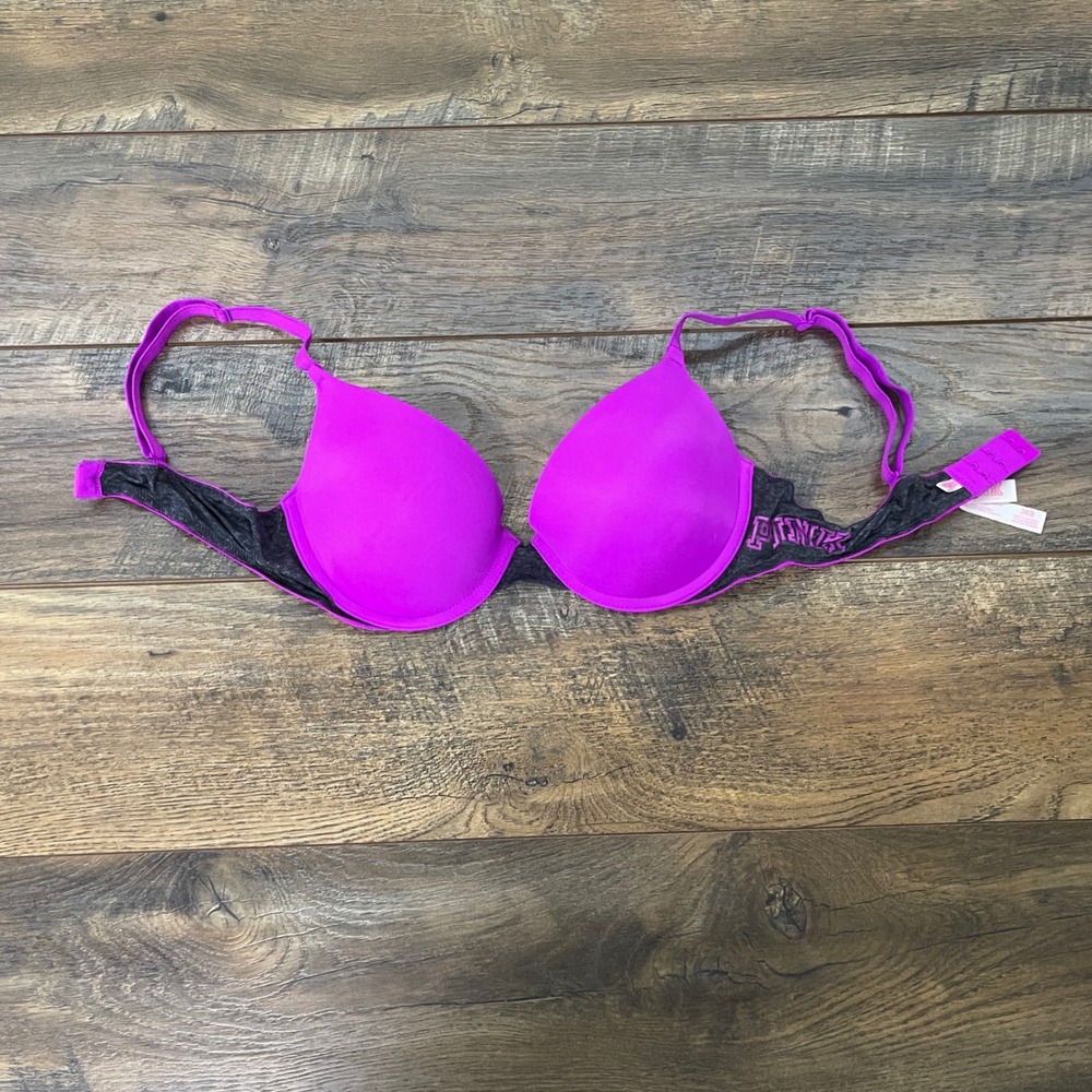 Pink Victoria's Secret Wear Everywhere Push-Up Bra Purple Gray 36B Y2K 2000s